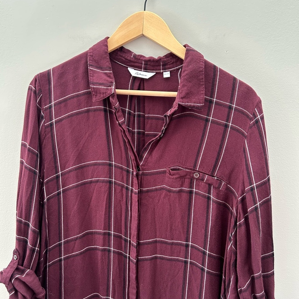 Reitmans Plaid Button Down Plum Lightweight Split Hem Tunic Shirt Mini Dress - Picture 3 of 5